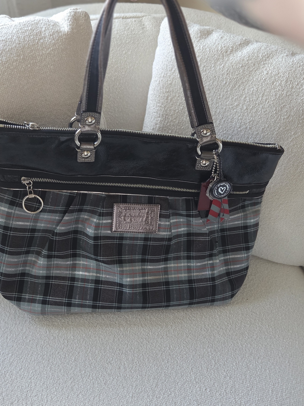 Coach Poppy Plaid Tote with Black Trim and Charm Accents